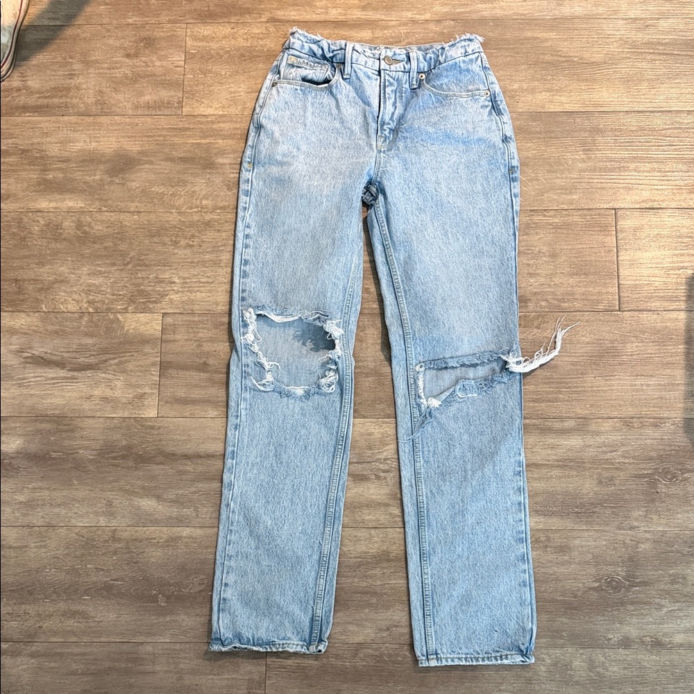 Good American Light Blue Distressed Straight Leg Jeans